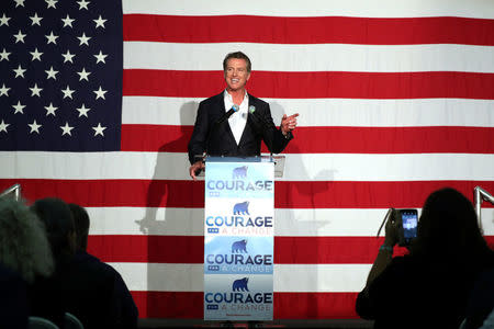 California gubernatorial candidate, Lieutenant Governor Gavin Newsom speaks at a campaign rally in Burbank, California, U.S. May 30, 2018. REUTERS/Lucy Nicholson