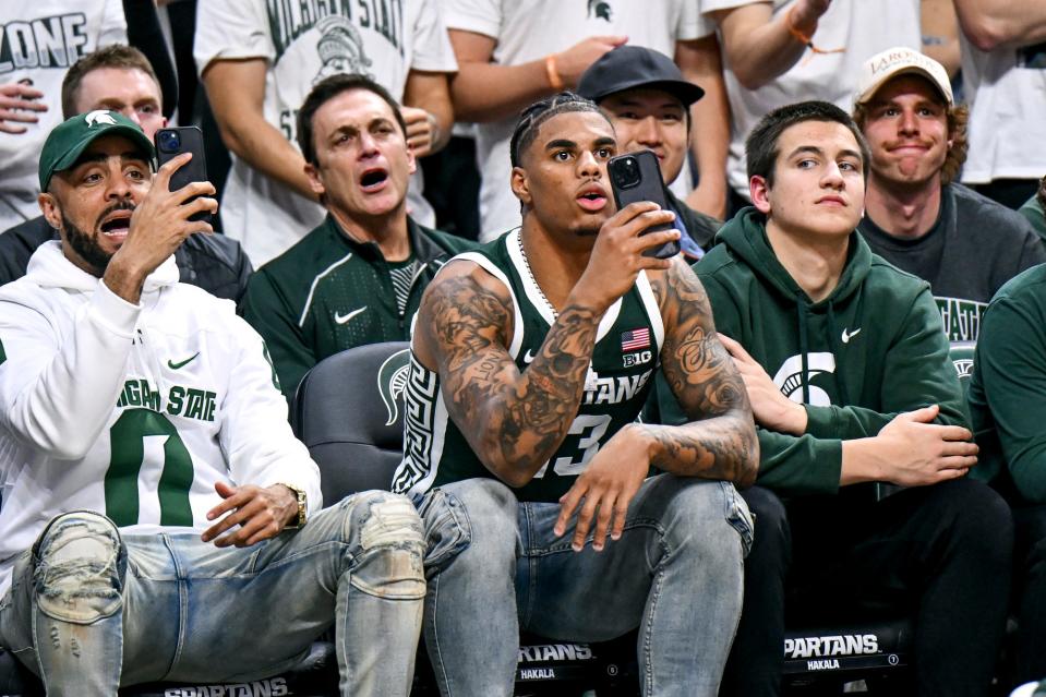 Former Michigan State football receiver Keon Coleman takes in the MSU game against Northwestern during the first half on Wednesday, March 6, 2024, at the Breslin Center in East Lansing.