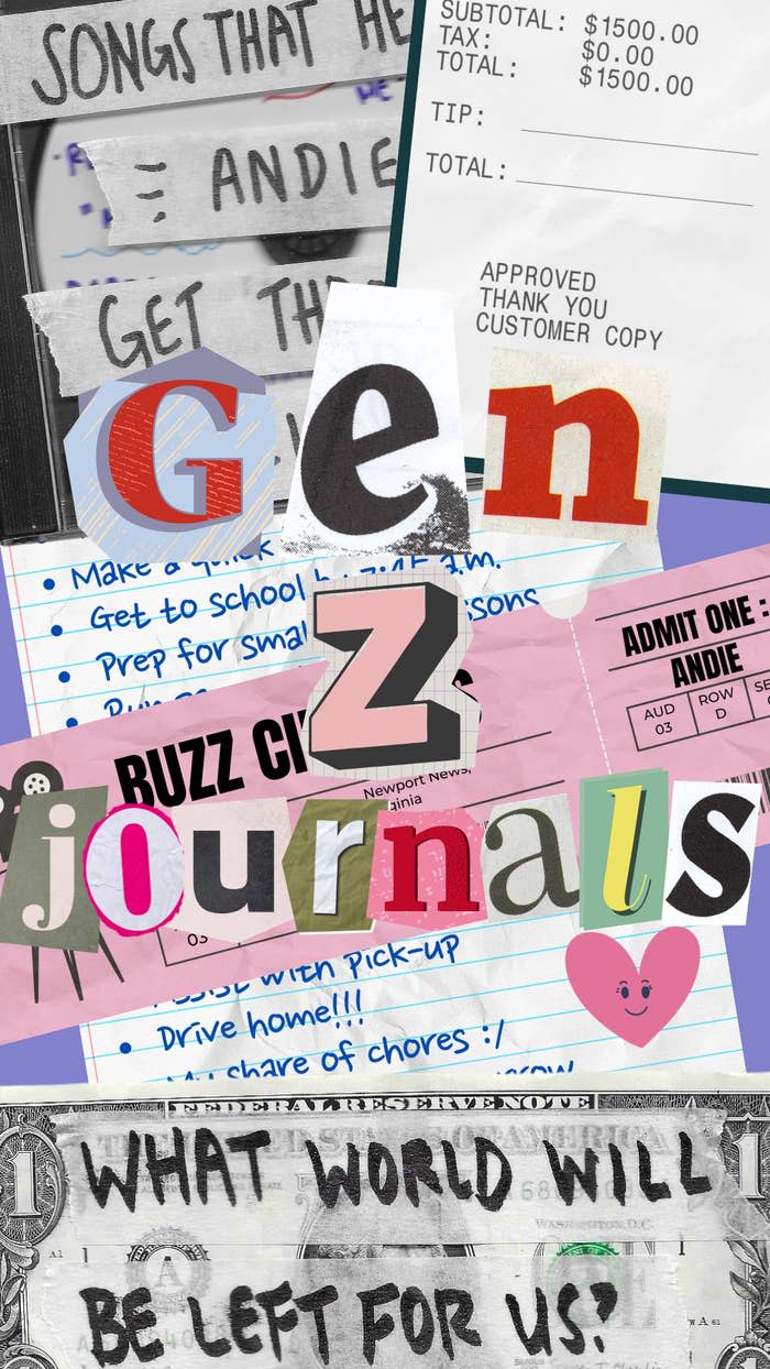 Collage featuring text including "Gen Z journals," handwritten to-do lists, a receipt with a $1500 payment, a movie ticket, and a message saying, "WHAT WORLD WILL BE LEFT FOR US?"