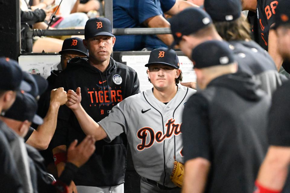 Detroit Tigers starting pitcher Reese Olson (45) after being relieved against the Chicago White Sox during the sixth inning at Guaranteed Rate Field in Chicago on Friday, June 2, 2023.