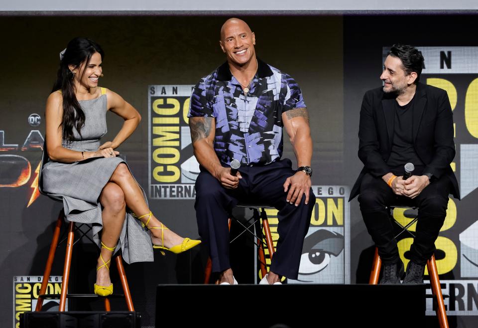 Tiffany Smith, Dwayne Johnson, and Jaume Collet-Serra speak onstage at the Warner Bros. theatrical session with "Black Adam" and "Shazam: Fury of the Gods" panel during 2022 Comic Con International: San Diego at San Diego Convention Center on July 23, 2022 in San Diego, California.