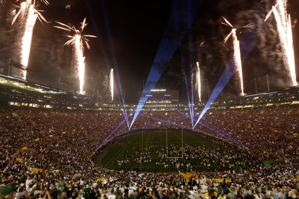 The fireworks and laser show during Green Bay Packers Family Night at Lambeau Field on Aug. 5, 2023, in Green Bay, Wis.