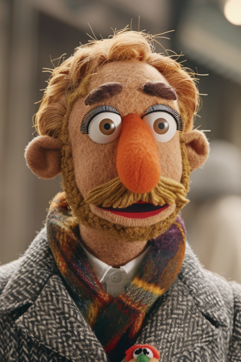 A Muppet with orangey hair and a beard and mustache, wearing a tweed coat and a scarf, and holding a small Kermit the Frog doll