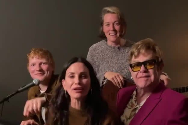 <p>Ed Sheeran, Courteney Cox, Elton John and Brandi Carlile </p> (Courteney Cox/Instagram)