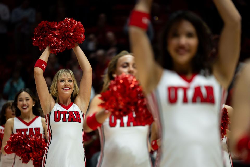 Utah Utes cheerleaders cheer before the men’s college basketball game between the Utah Utes and the Colorado Buffaloes at the Jon M. Huntsman Center in Salt Lake City on Saturday, Feb. 3, 2024. | Megan Nielsen, Deseret News