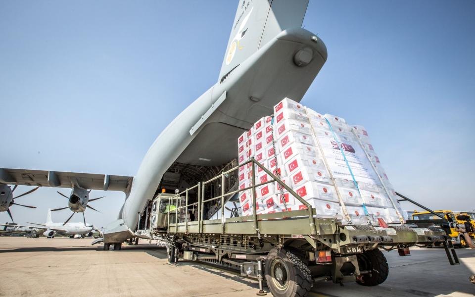  handout picture provided by the British Ministry of Defense (MOD) shows a Turkish Air Force Airbus A400M with crucial medical supplies at the RAF Brize Norton, Oxfordshire, Britain, 10 April 2020 (issued 11 April 2020). - Shutterstock