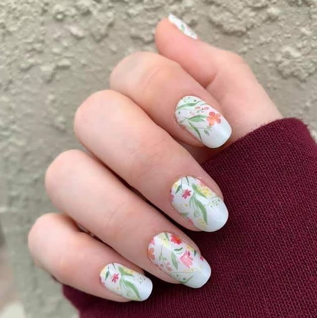 <p>You don't have to be a nail artisan to achieve this floral mani — nail stickers will certainly do the trick.</p><p><a class="link " href="https://www.amazon.com/XICHEN-pieces-watermark-Cartoon-Sticker/dp/B06XRLQPBZ/?tag=syn-yahoo-20&ascsubtag=%5Bartid%7C10055.g.988%5Bsrc%7Cyahoo-us" rel="nofollow noopener" target="_blank" data-ylk="slk:SHOP FLORAL NAIL STICKERS;elm:context_link;itc:0;sec:content-canvas">SHOP FLORAL NAIL STICKERS</a></p><p><a href="https://www.instagram.com/p/B8Fbr-lnNOc/&hidecaption=true" rel="nofollow noopener" target="_blank" data-ylk="slk:See the original post on Instagram;elm:context_link;itc:0;sec:content-canvas" class="link ">See the original post on Instagram</a></p>