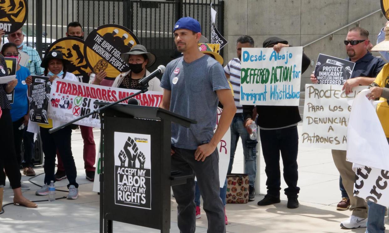 <span>Cristian Céspedes of Unforgettable Coatings at a union rally in Las Vegas, Nevada.</span><span>Photograph: Courtesy of IUPAT</span>