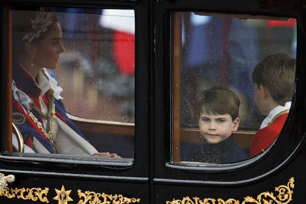 PHOTO: Catherine, Princess of Wales, Prince Louis of Wales and Page of Honour Prince George depart the Coronation service of King Charles III and Queen Camilla, May 06, 2023 in London. (Dan Kitwood/Getty Images)