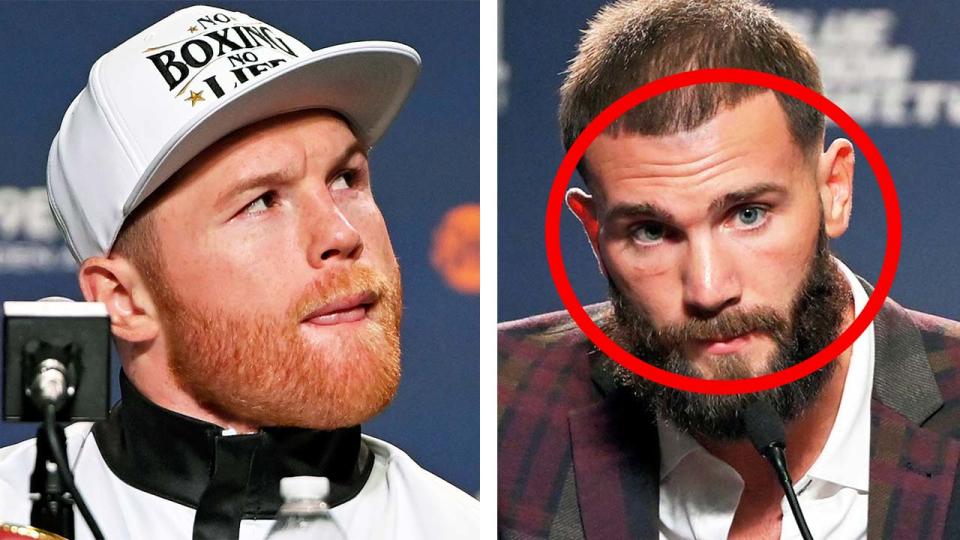 Caleb Plant (pictured right) reacting during a press conference with Canelo Alvarez (pictured left).