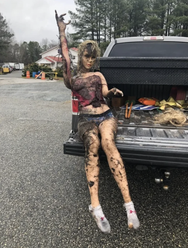 Closeup of a dummy on the back of a truck