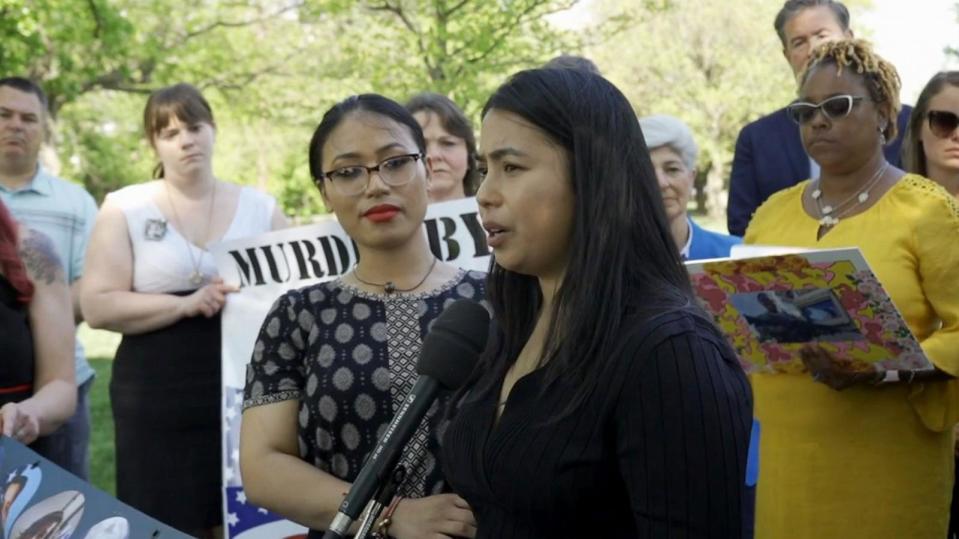 PHOTO: Former Marine Thae Ohu speaks during a rally to raise awareness of violence against female soldiers. (ABC News)