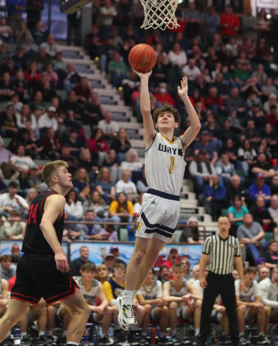 Wayne's Aidan Twist (1) puts up a shot against Glens Falls during the state championship game at the Cool Insuring Arena in Glens Falls, New York March 16, 2024. Glens Falls won the game 50-37.