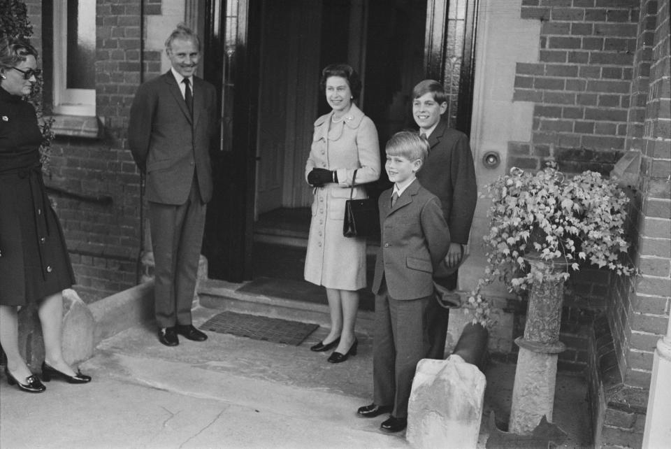 Prince Edward starts his first day at Heatherdown Preparatory School near Ascot, England, in 1972, accompanied by the Queen and older brother Prince Andrew. [Photo: Getty]