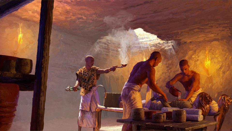 Artist's rendition of an embalming scene with a priest in the underground chamber at the Saqqara site, southwest of Cairo, Egypt.