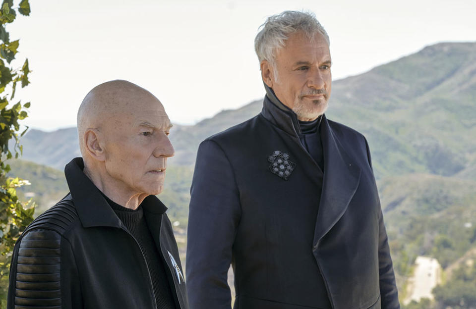 Sir Patrick Stewart as Jean-Luc Picard and John de Lancie as Q of the Paramount+ original series Star Trek: Picard. - Credit: Courtesy of Trae Patton/Paramount+