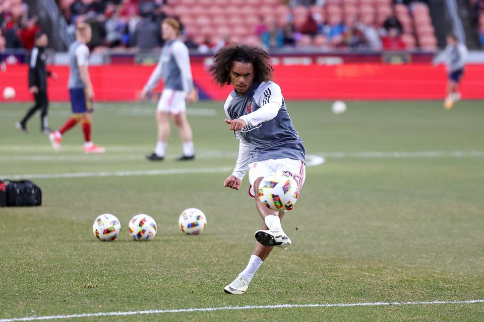 Mar 30, 2024; Sandy, Utah, USA; St. Louis CITY SC midfielder Aziel Jackson (25) kicks the ball during warms up prior to the match against Real Salt Lake at America First Field. Mandatory Credit: Rob Gray-USA TODAY Sports