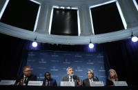 US actor and activist George Clooney speaks at a press conference about South Sudan in London, Thursday, Sept. 19, 2019. The largest multinational oil consortium in South Sudan is "proactively participating in the destruction" of the country, the actor George Clooney and co-founder of The Sentry watchdog group told The Associated Press this week. (AP Photo/Alastair Grant)