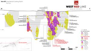 FIGURE 4. Rowan Mine longitudinal section for Vein 101 showing 2023 intercepts > 4 g/t Au. Assay highlights from current press release shown in red[1]