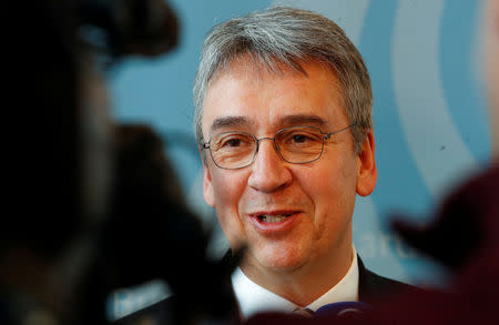 Andreas Mundt, president of Germany's Federal Cartel Office gives interviews after presenting findings of the anti-trust watchdog's investigation into Facebook's data collection practices in Bonn, Germany, February 7, 2019. REUTERS/Wolfgang Rattay