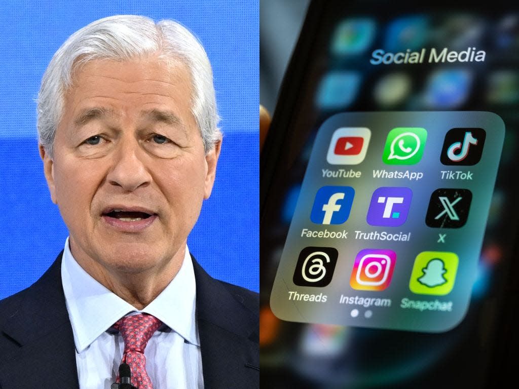 Jamie Dimon speaking at The New York Times Dealbook Summit; A smartphone screen displaying the logo of several social media apps like Facebook and TikTok.