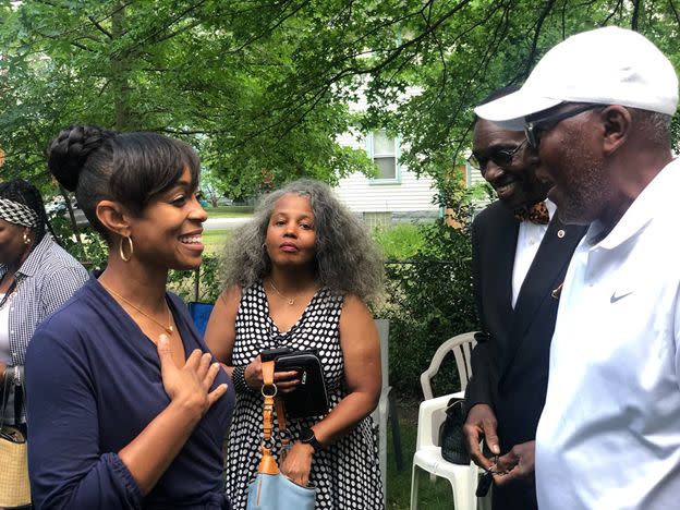 Shontel Brown, left, talks with voters. She and Turner have accused one another of corruption and insufficient loyalty to the Democratic Party. (Photo: Shontel Brown for Congress)