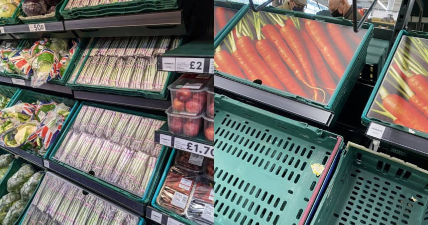 英國超市人力、物資短缺，店員竟直接在貨架上擺出蔬果的照片來偽裝已補貨的假象。（圖／翻攝自推特）