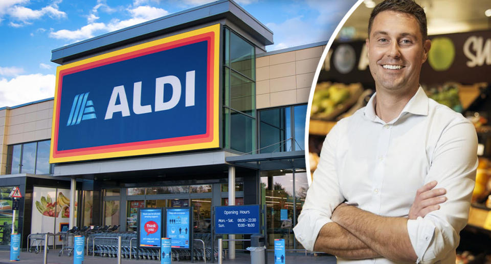 Aldi shop front and managing director Jordan Lack in a white shirt with his arms crossed.