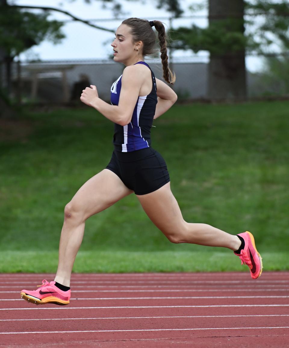 Bloomington South’s Ellie Barada competes in the 800 meter run during the track meet at North on Wednesday, May 1, 2024.