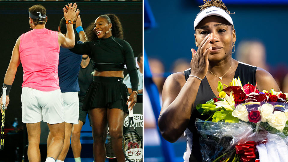 Pictured left, Rafael Nadal gives Serena Williams a high five during a doubles match.