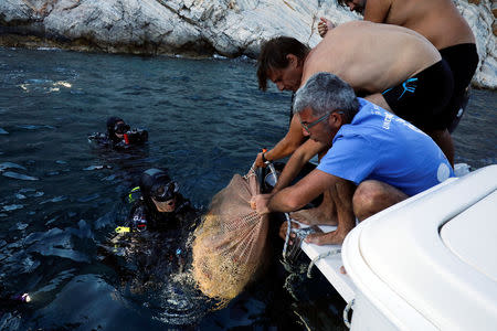 Members of the Fournoi Survey Project bring an amphora onboard following a dive at a shipwreck site on the island of Fournoi, Greece, September 19, 2018. Picture taken September 19, 2018. REUTERS/Alkis Konstantinidis