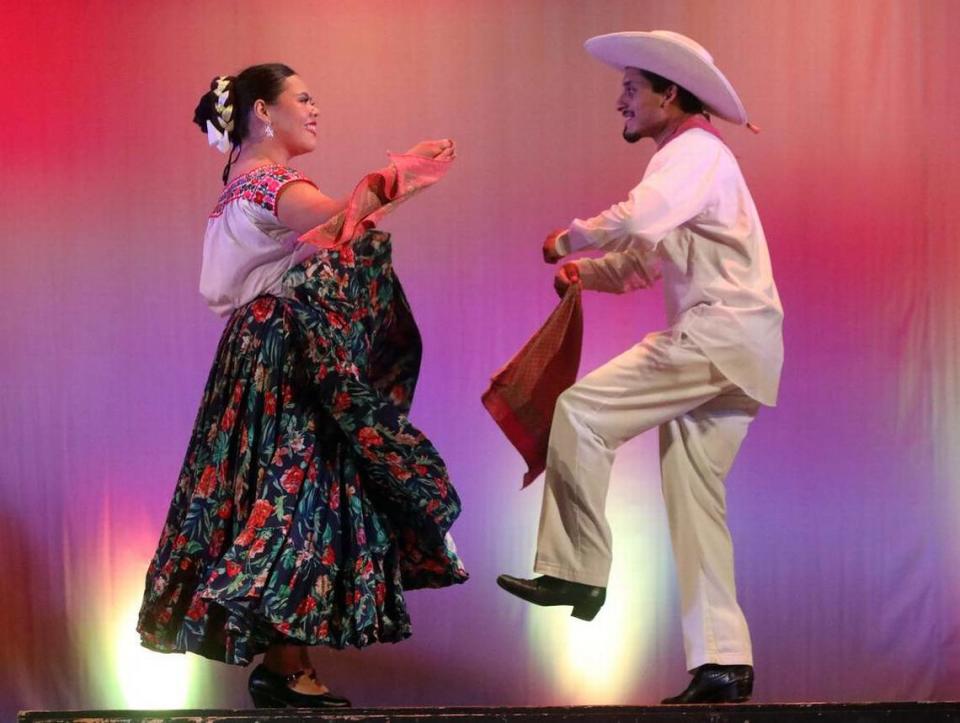 Carolyn Vega and Sergio Robles perform ‘Recuerdo a Mi Pueblo’ from Guerrero at the Central East Danzantes de Tláloc 25th anniversary show at the Performing Arts Center on May 26, 2023.