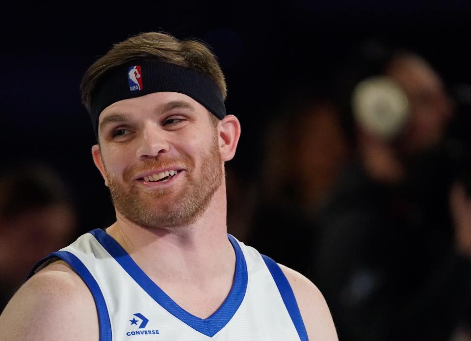 Conor Daly of Team Shannon warms up during the 2024 Ruffles NBA All-Star Celebrity Game on Friday, Feb. 16, 2024, at Lucas Oil Stadium in Indianapolis.