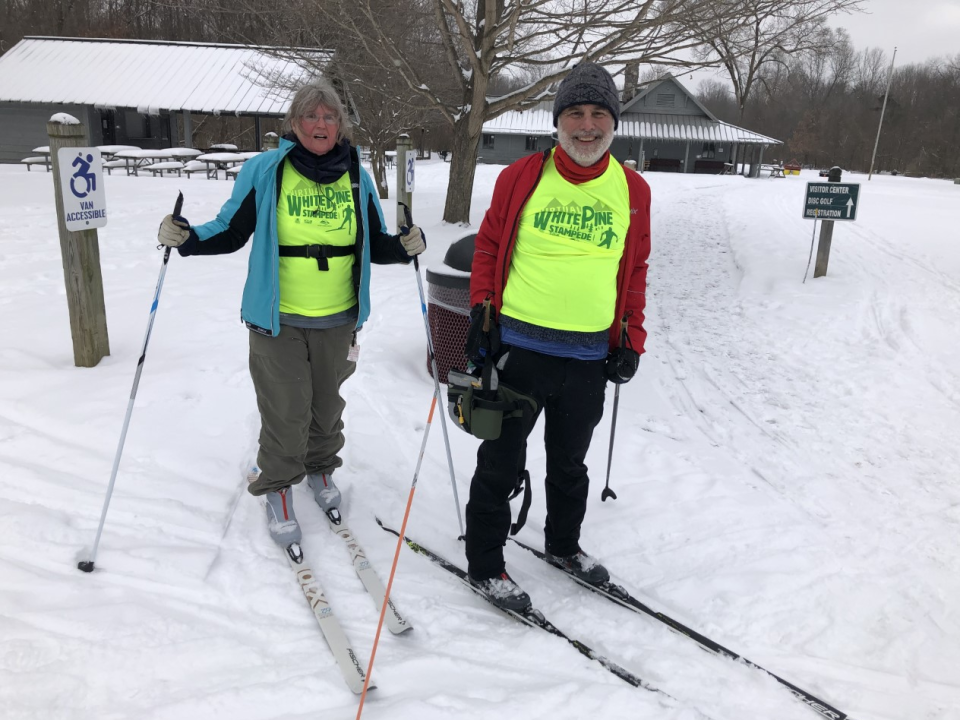 In 2021, Deb and Larry Helmsing of Angola, Ind., used their own skis and the trails at Madeline Bertrand County Park in Niles for a virtual 10K in the White Pine Stampede race, typically held in northern Michigan.