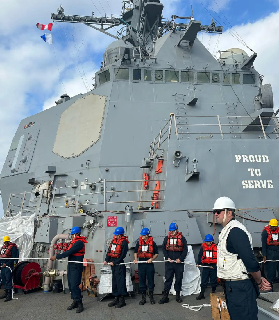 A portion of the SEWIP Block III electronic warfare system can be seen at the left in this picture of USS <em>Pinckney</em>, outboard of the octagonal radar array. <em>U.S. Navy</em>