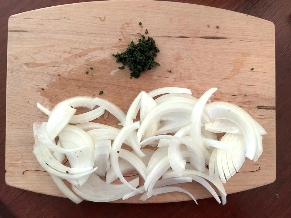Chopped onions and parsley for Pioneer Woman's Lasagna Soup