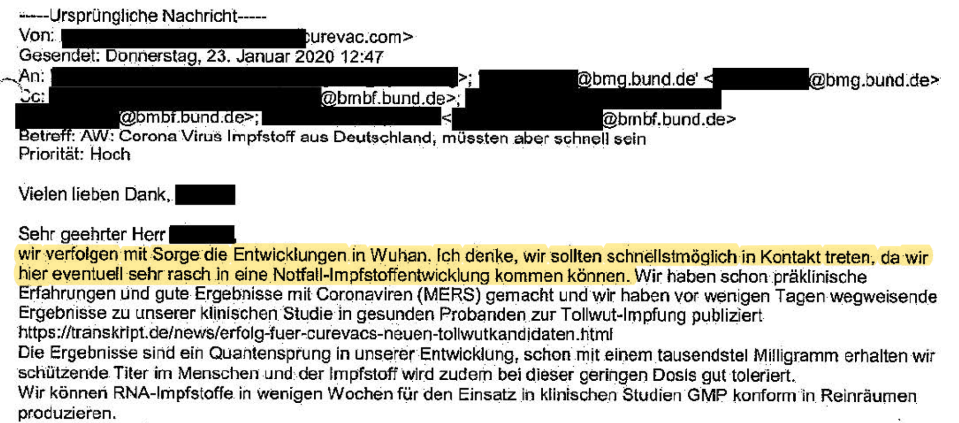 E-mail von Curevac vom 23. Januar 2020 an die Ministerien.