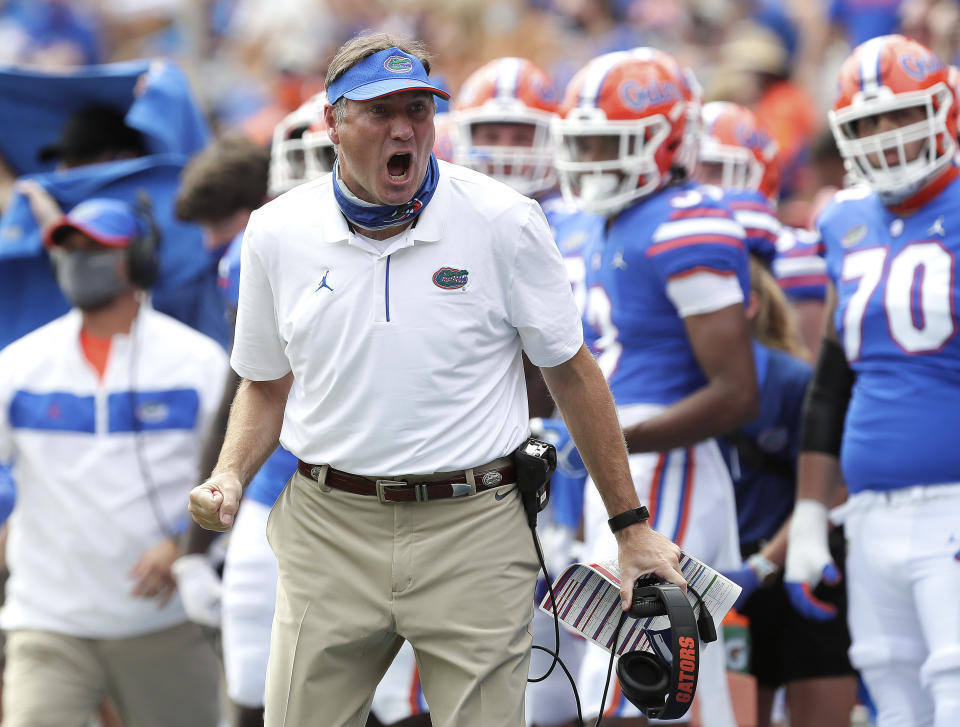 Florida coach Dan Mullen yells to a referee about a call during an NCAA college football game against South Carolina on Oct. 12. (AP)