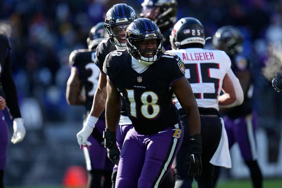 Baltimore Ravens linebacker Roquan Smith (18) reacts after a defensive stop during the first half of an NFL football game against the Atlanta Falcons, Saturday, Dec. 24, 2022, in Baltimore. (AP Photo/Julio Cortez)