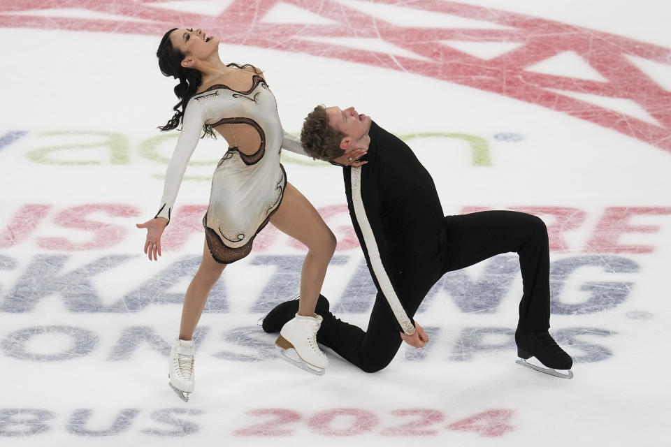 Madison Chock and Evan Bates compete in championship ice dance at the U.S. figure skating championships Saturday, Jan. 27, 2024, in Columbus, Ohio. (AP Photo/Sue Ogrocki)