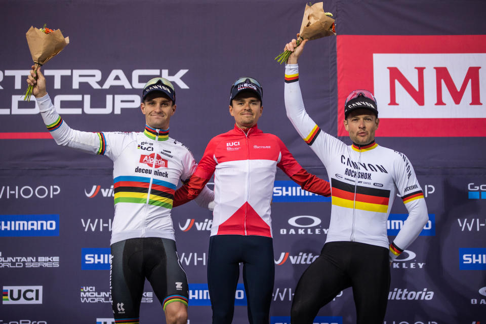 Men's podium at 2023 XCC race at Nove Mesto to open UCI World Cup