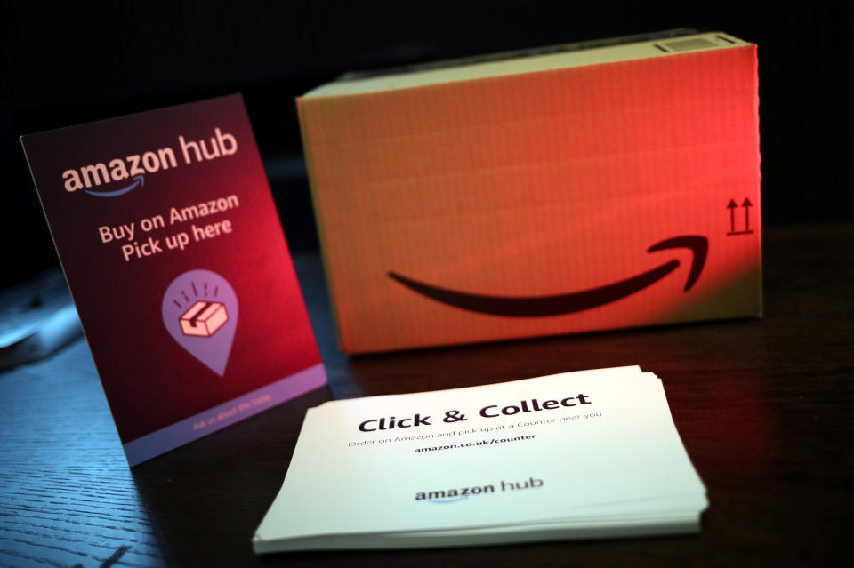 Amazon Counter branding, a click and collect service allowing customers to collect their Amazon parcels in-store at a Next store is seen in London, Britain, May 14, 2019. REUTERS/Hannah McKay