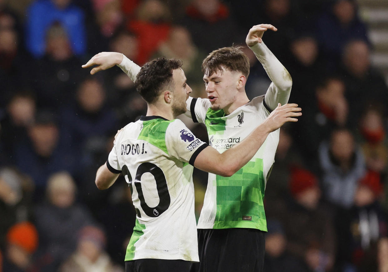 Liverpool's Diogo Jota (left) celebrates scoring their second goal against Bournemouth with Conor Bradley. 
