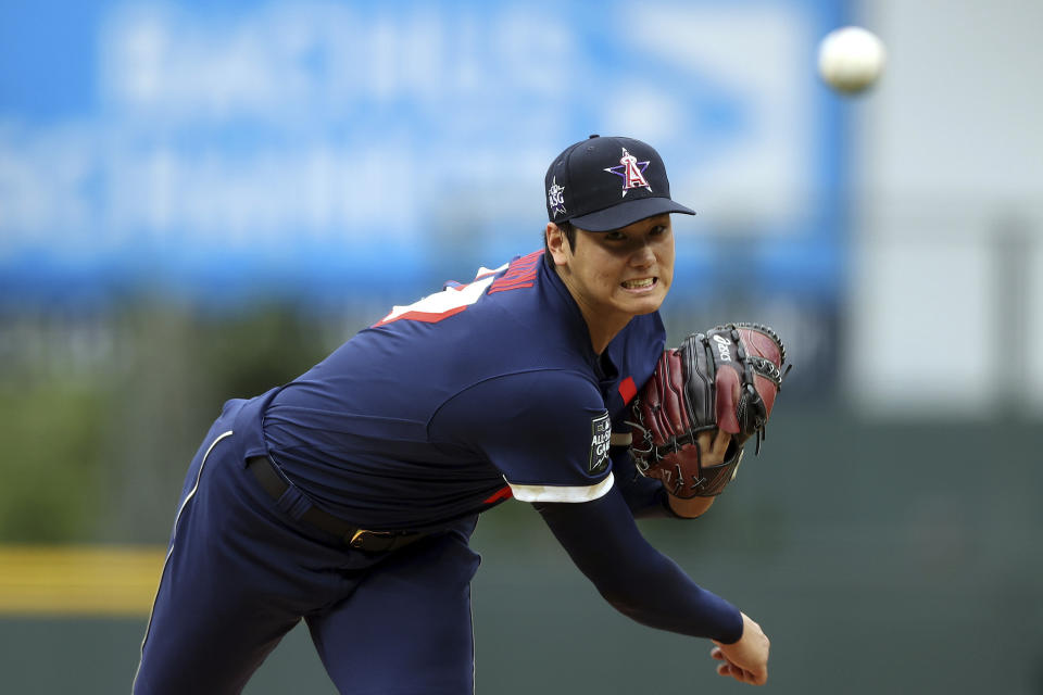 American League's Shohei Ohtani, of the Los Angeles Angels, throws during the first inning of the 91st MLB baseball All-Star Game, Tuesday, July 13, 2021 in Denver. (AP Photo/Alex Trautwig, Pool)