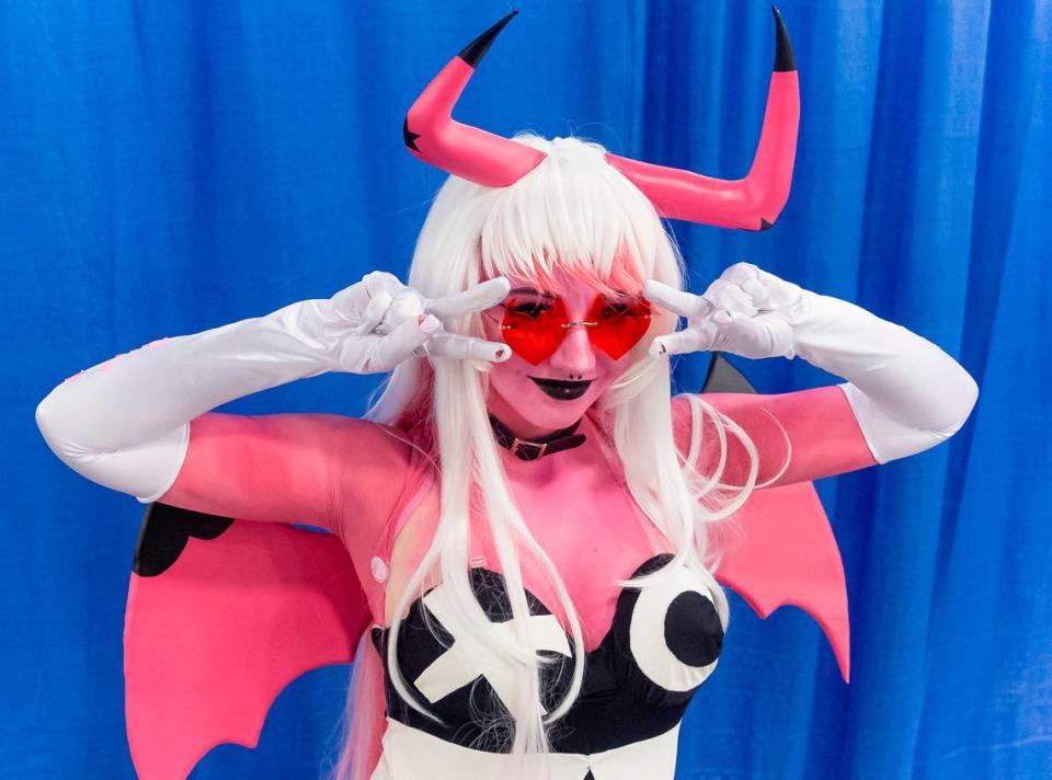 Elizabeth Lillis, 20, cosplays as Verosika Mayday from Helluva Boss during Florida Supercon 2023 at the Miami Beach Convention Center on Saturday, July 1, 2023, in Miami Beach, Fla.