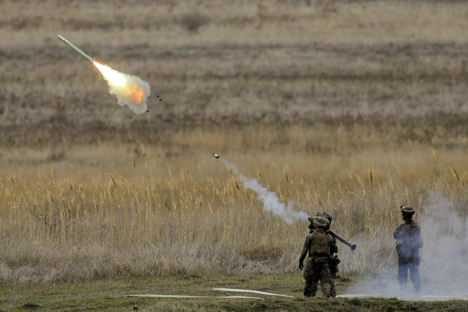 US Marines launch a Stinger missile at the Capu Midia Surface to Air Firing Range, on the Black Sea coast in Romania, Monday, March 20, 2017. About 1,200 US and Romanian troops take part in the Spring Storm 17 exercise, meant to simulate defense of the Romanian Black Sea coastline and urban areas. (AP Photo/Vadim Ghirda)