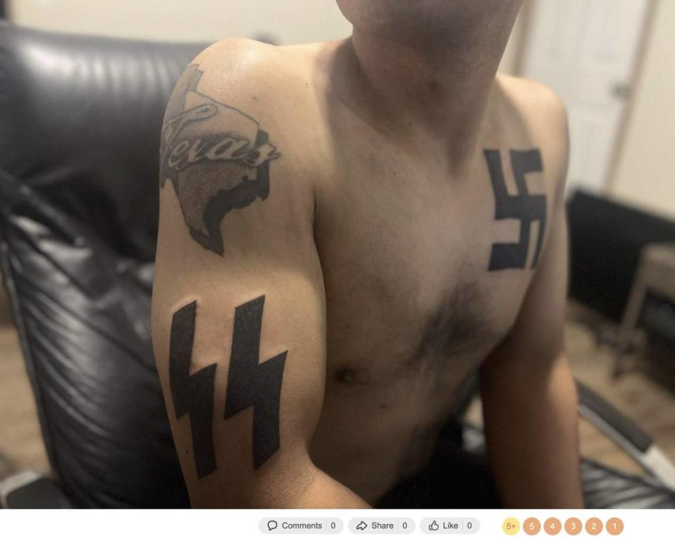 A screenshot from the social media site Odnoklassniki shows Mauricio Garcia’s tattoos, including a swastika. Police say Garcia shot 15 people, killing eight, at the Allen Premium Outlets mall on May 6, 2023.