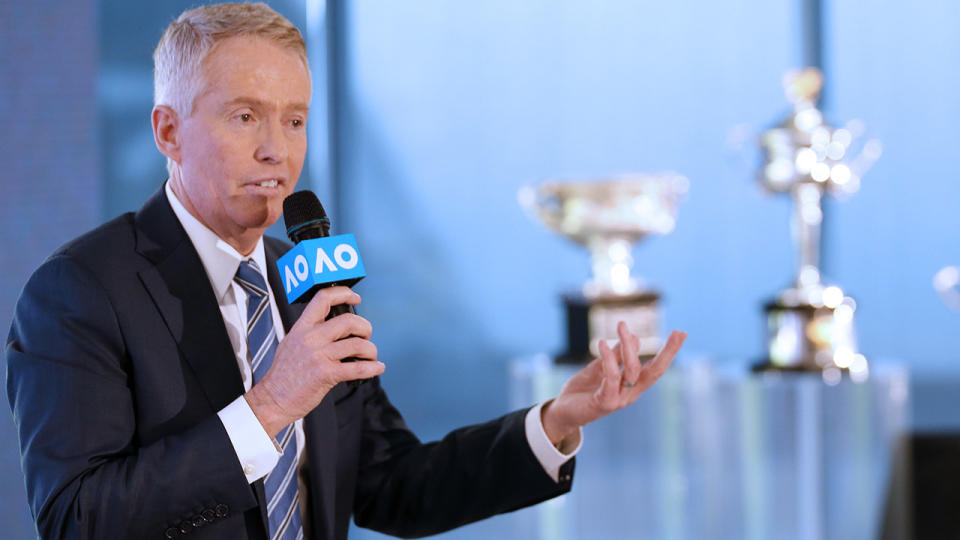 Craig Tiley, pictured here speaking to the media at the 2020 Australian Open launch at Melbourne Park.