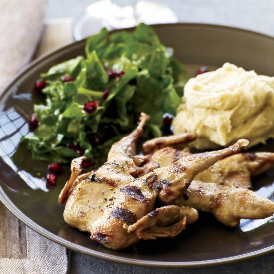 Grilled Quail with Spinach-Pomegranate Salad