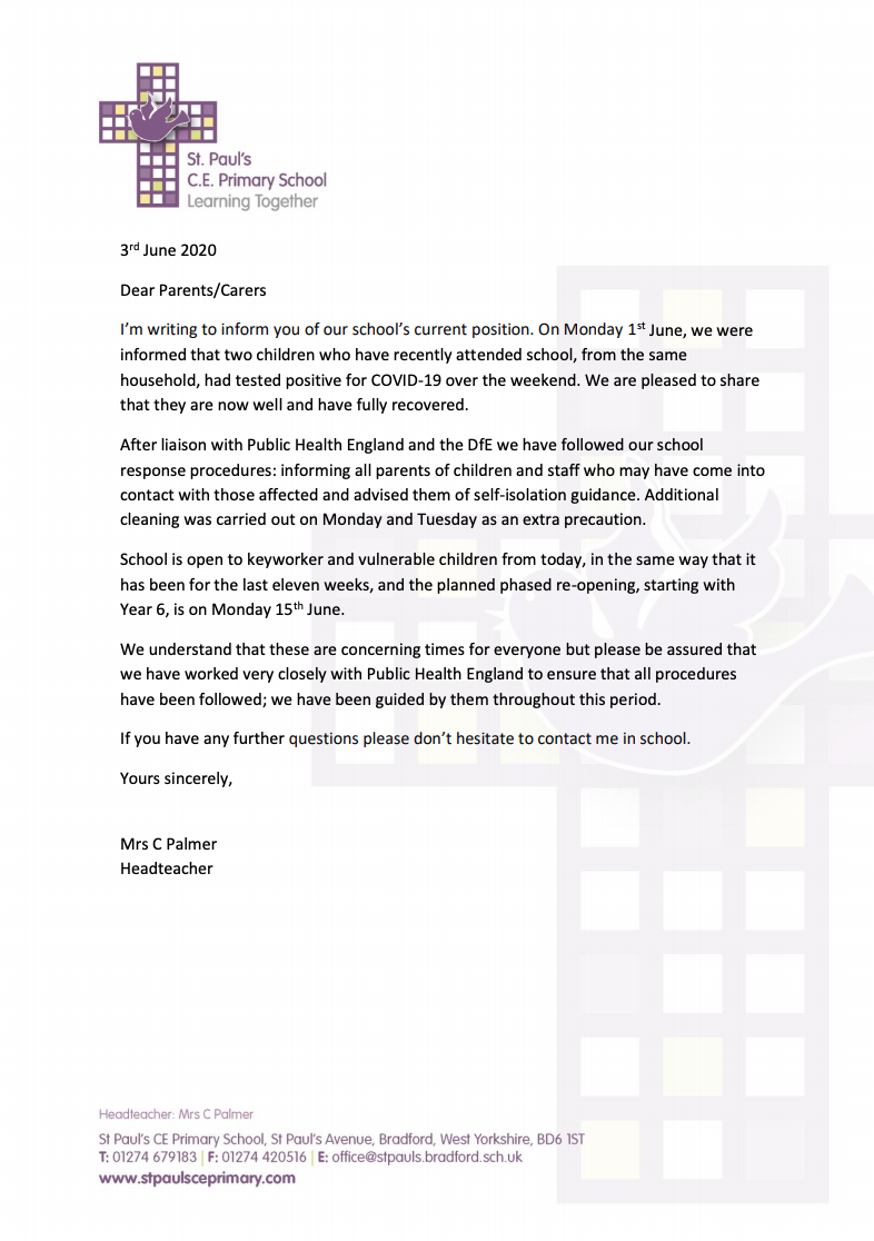 Headteacher Cath Palmer wrote to parents to inform them. (Picture: St Paul's CE Primary School)